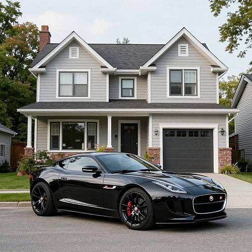 Photograph of a sleek black sports car parked in front of a two-story, gray, suburban house with a black garage door.