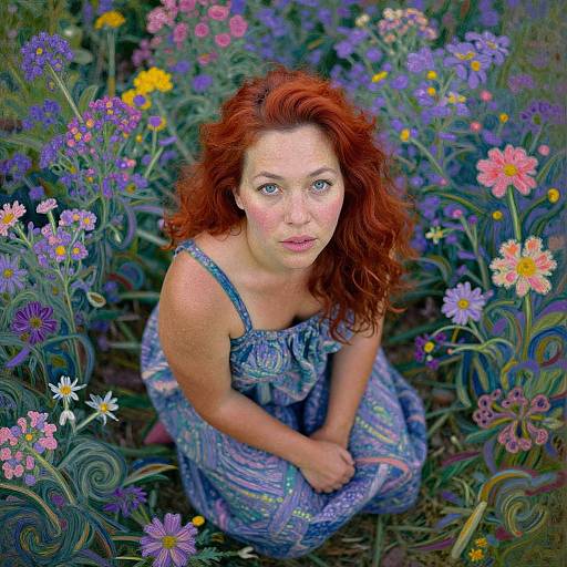 Photograph of a red-haired woman with freckles, wearing a blue patterned dress, kneeling among vibrant, colorful wildflowers in a meadow