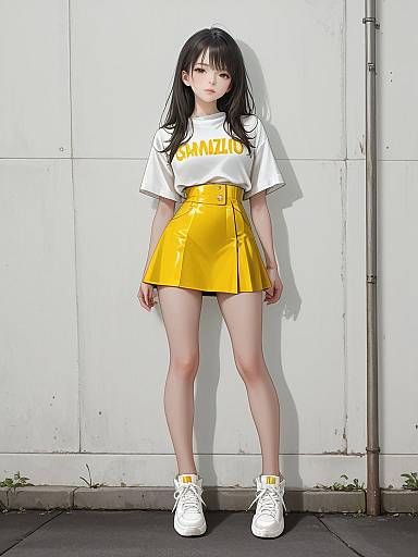 Photograph of an Asian woman with long black hair, wearing a white crop top, yellow vinyl skirt, and white sneakers, standing against a white wall