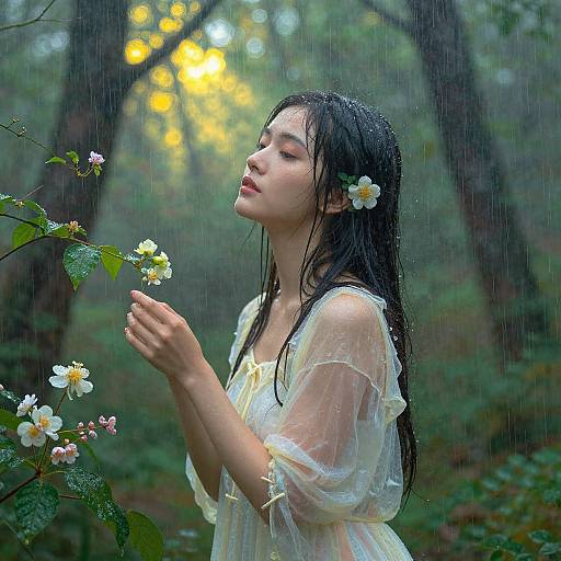 Photograph of a young woman with wet, dark hair, wearing a sheer white dress, holding daisies in a rain-filled forest.