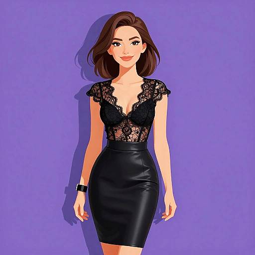 Digital illustration of a smiling woman with medium-length brown hair, wearing a black lace top and leather skirt, against a purple background.