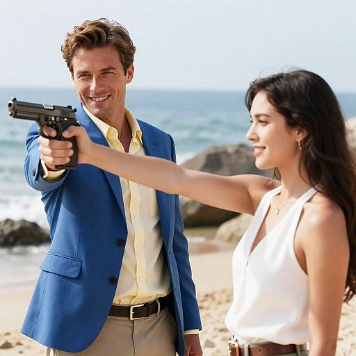 Man and Woman on Beach with Pistol