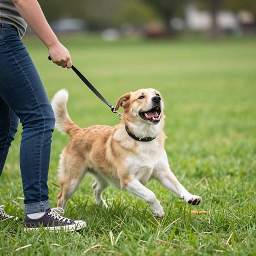 Photograph of a tan and white dog joyfully running on grass, wearing a collar, held by a person in blue jeans and black sneakers.