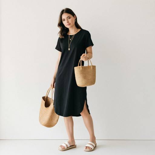 Woman in Black T-Shirt Dress with Straw Bags