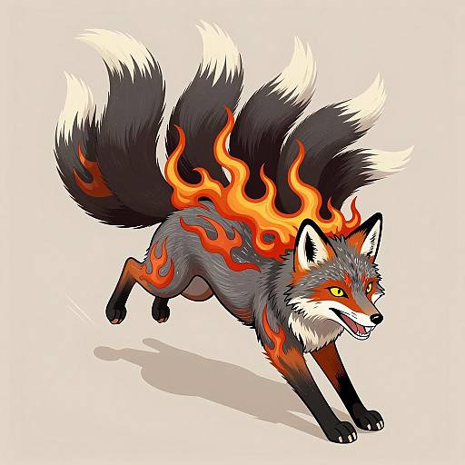 Majestic Black Fox with Fiery Tails