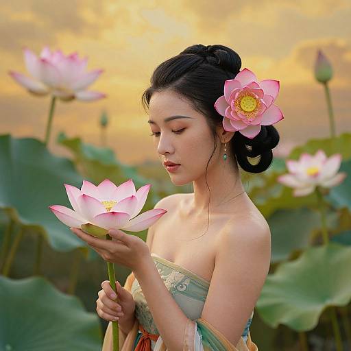 Serene Asian Woman with Lotus Blossoms