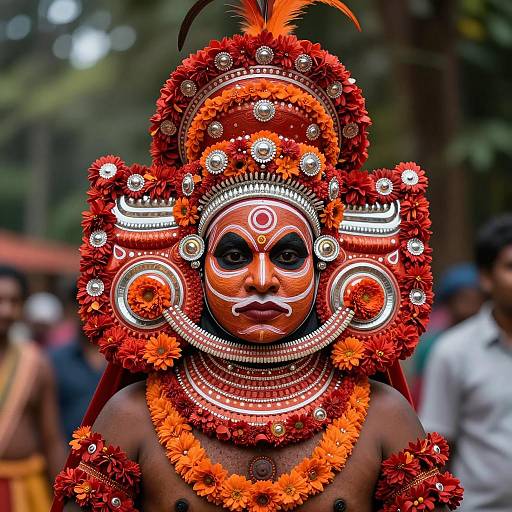 Traditional Theyyam Performer in Red and Orange Attire