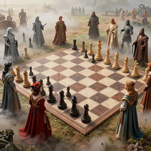 Digital artwork of a medieval chess match with robed knights and nobles watching a checkered board amidst misty grass.