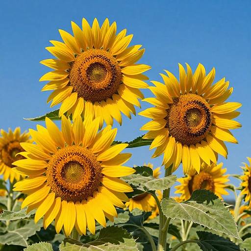 Photograph of vibrant yellow sunflowers with brown centers, set against a clear blue sky, surrounded by green leaves.