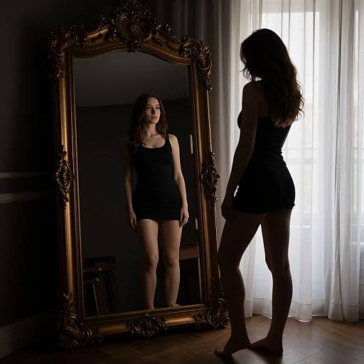 Photograph of a woman in black tank top and shorts, silhouetted against a large ornate mirror, standing in a dimly lit room