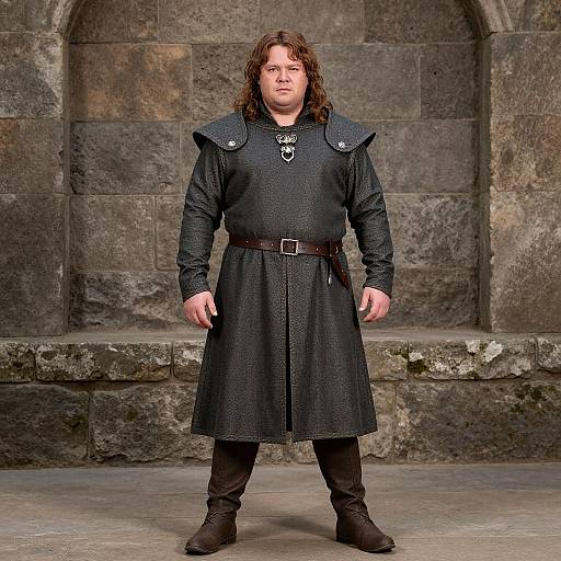 Photograph of a heavyset man with long brown hair, wearing a medieval black tunic, belt, boots, and chain necklace, standing before a