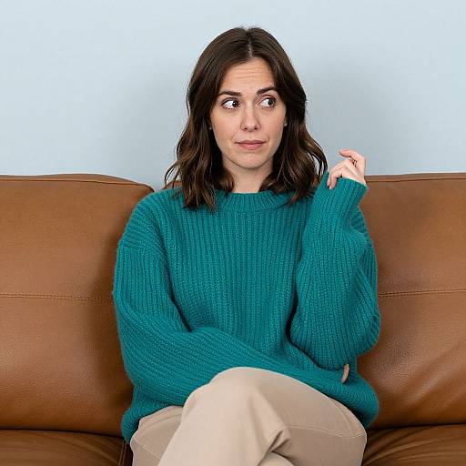 Photograph of a young woman with wavy dark brown hair, wearing a teal knit sweater and beige pants, sitting on a brown leather sofa, looking
