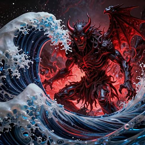 Digital artwork of a fierce, red-eyed, black demon with wings riding a giant, crashing ocean wave against a fiery, red sky.