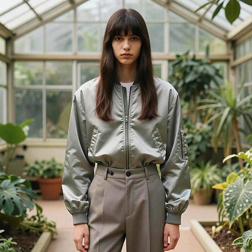Young woman in silk bomber jacket in greenhouse