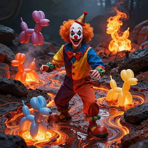 Photorealistic digital art: Clown with red hair, white face paint, colorful outfit, dancing in fiery lava, surrounded by floating balloons.
