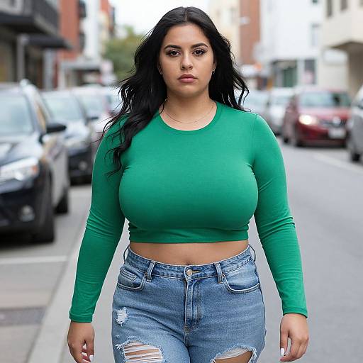 Photograph of a curvy woman with long black hair, wearing a green long-sleeve crop top and ripped blue jeans, standing on a city