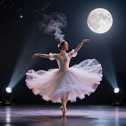 Photograph of a ballet dancer in a white tutu, with smoke rising from her head, dancing under a bright full moon on a dark stage.