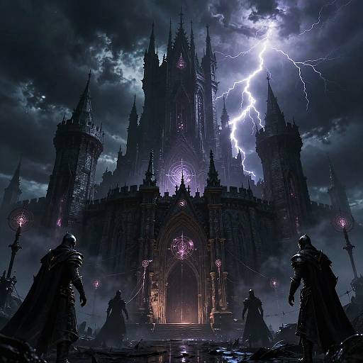 Dark, stormy fantasy castle with gothic architecture, lightning illuminating the structure, silhouetted robed figures, glowing runes, and mist