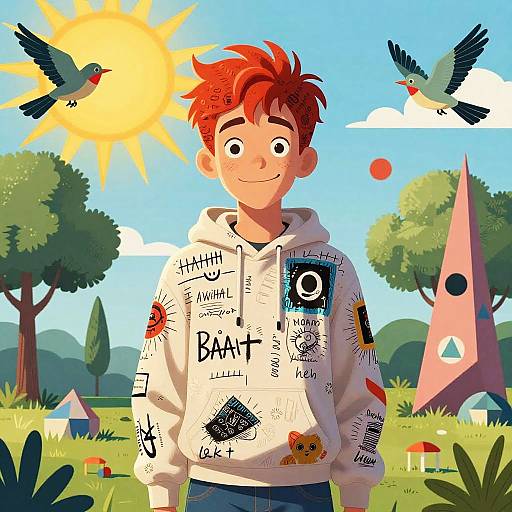 Digital cartoon: Red-haired boy with wide smile, white hoodie with graffiti, stands in sunny meadow with birds, trees, and pyramid.