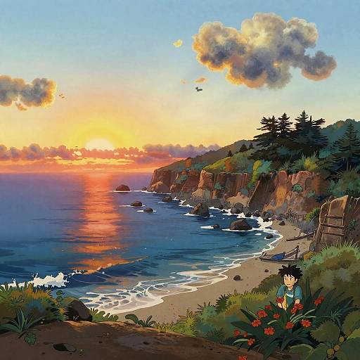 Digital anime-style painting of a serene sunset beach with cliffs, blue ocean, white waves, grassy foreground, and a young boy peeking through flowers