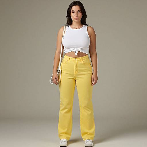 Photograph of a woman with medium skin tone, black hair, wearing a white sleeveless crop top, yellow high-waisted pants, and white