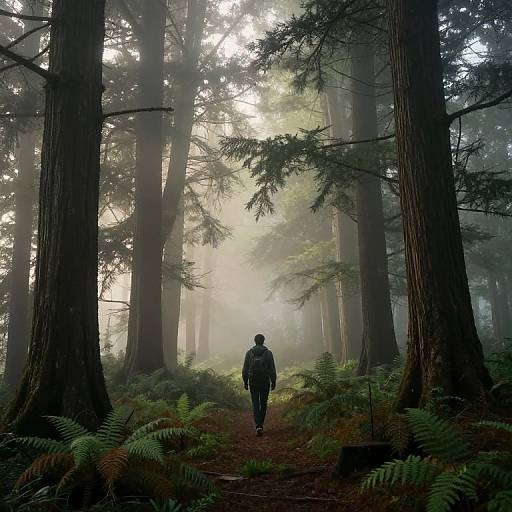 Photograph of a lone hiker walking through a misty, sunlit redwood forest, surrounded by tall trees and lush ferns on a dirt
