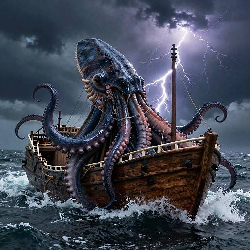 Digital artwork of a wooden pirate ship with a massive, dark-blue, lightning-illuminated octopus as its mast, sailing through stormy sea