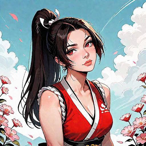 Anime Style Woman with High Ponytail and Red Outfit
