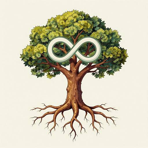 Illustration of a tree with green-yellow leaves and a glowing white infinity symbol on its trunk, showcasing detailed roots against a white background.