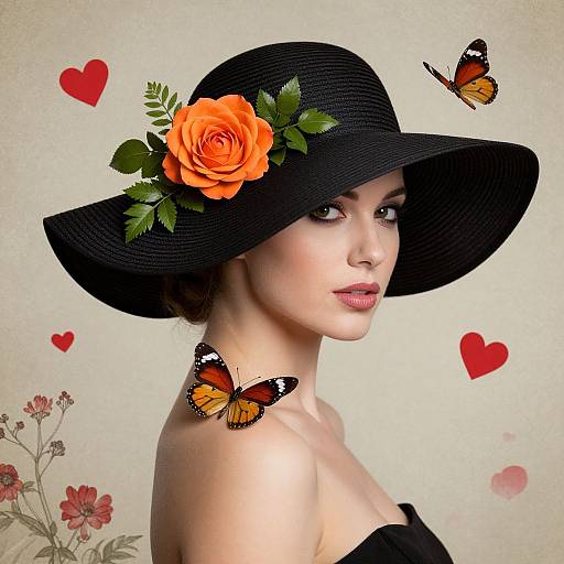Elegant Woman with Hat and Butterflies