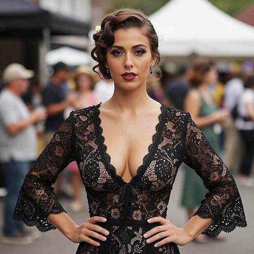 Photograph of a brunette woman with curled hair, wearing a black lace, deep V-neck dress, standing confidently with hands on hips, blurred outdoor crowd
