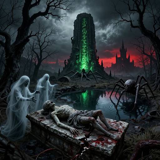 Digital art: Grim, gothic landscape with a bloodied, lifeless man on a stone slab, ghostly figures, eerie spider creature, and