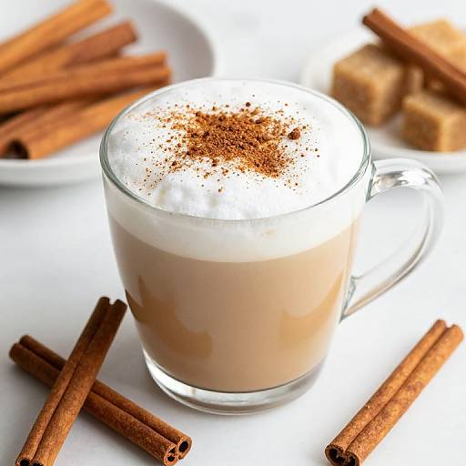 Photograph of a glass mug filled with frothy hot chocolate, topped with cinnamon powder, surrounded by cinnamon sticks and sugar cubes on a white surface.