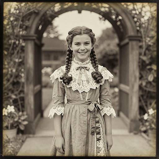Black-and-white photograph of a young girl with braided hair, wearing a lace-trimmed dress, standing in front of a wooden archway.