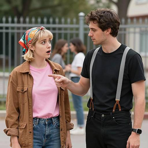 Surprised Woman and Pointing Man Outdoors