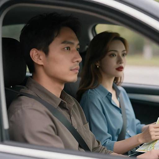 Serious Couple Navigating in a Car