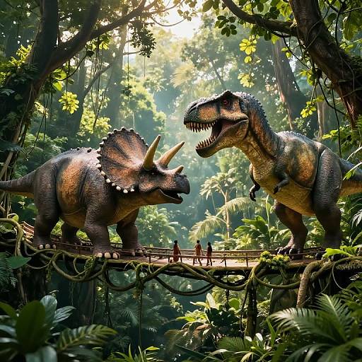 Photorealistic CGI: Two fierce, scaly dinosaurs—a triceratops and a T-Rex—with prominent horns and sharp teeth, face off