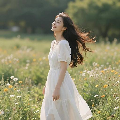Joyful Woman in Sunlit Wildflower Field