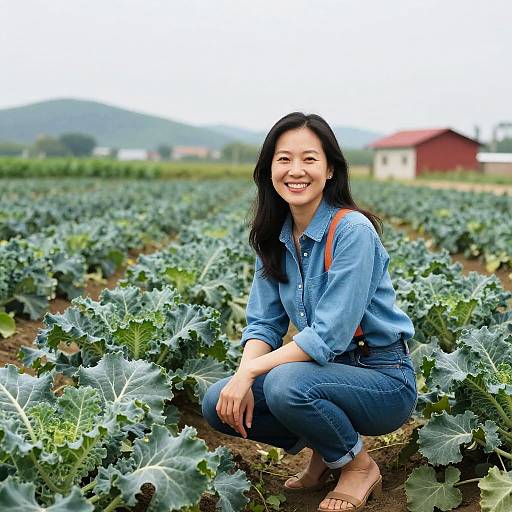 Smiling Asian woman with long black hair, wearing blue denim shirt and pants, kneels in kale field, mountain and red barn in background. Photograph