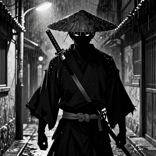 Silhouetted samurai in traditional attire with conical hat and katana, standing in rain-soaked, narrow alley at night, illuminated by