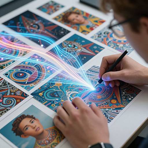 Photograph of artist's hands using a black marker to draw intricate, vibrant, circular patterns on illuminated art prints, with colorful light trails in the background