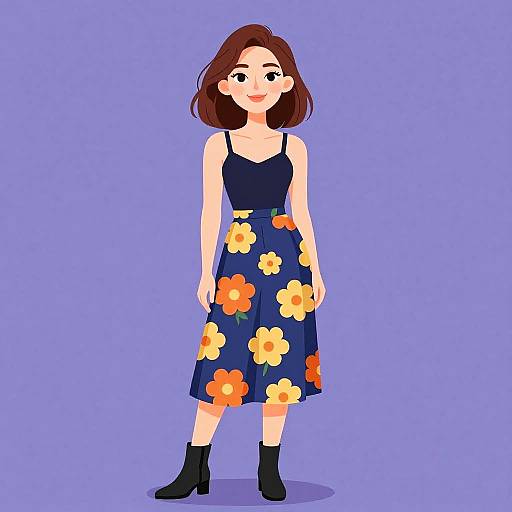 Cartoon-style illustration of a smiling woman with brown hair, wearing a navy sleeveless top, floral skirt, and black ankle boots, against a solid