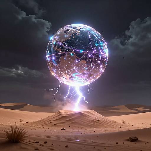 Digital artwork of a glowing, lightning-illuminated Earth sphere hovering over a desert dune under a dark, cloudy night sky.