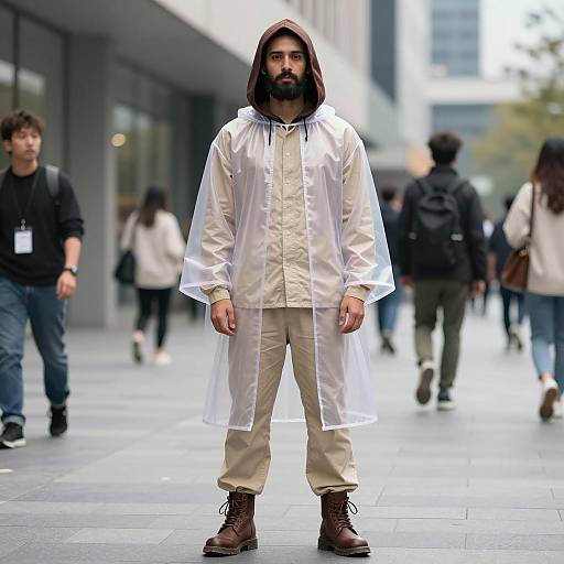 Man Wearing Transparent Hooded Cape in Urban Setting
