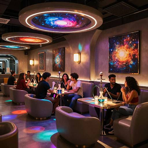 Photograph of a futuristic, dimly-lit lounge with colorful galaxy ceiling lights, modern white chairs, and young couples seated at small tables, illuminated