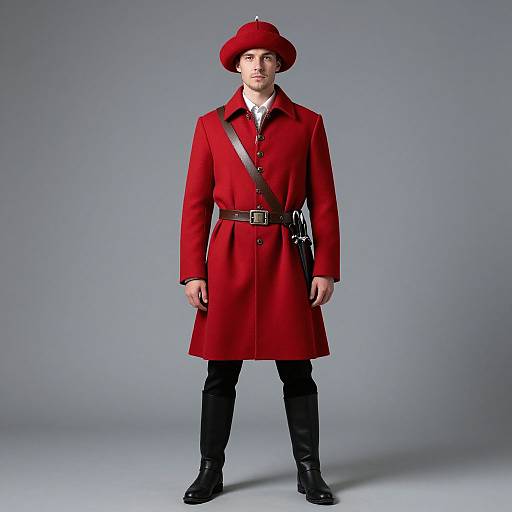 Photograph of a young man in a red military-style coat, matching beret, black pants, and boots, with a brown belt and strap.