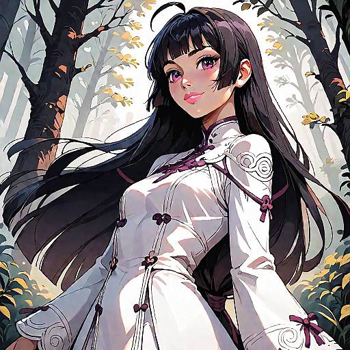 Long Black-Haired Anime Girl in Forest
