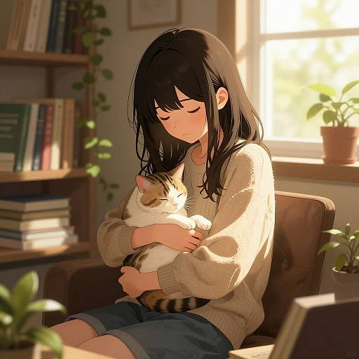 Cozy Anime Girl with Cat