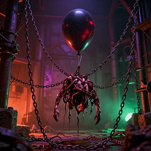 Digital artwork of a grotesque, dripping, spider-like creature with multiple arms suspended by chains, holding a reflective black balloon in a dimly lit,
