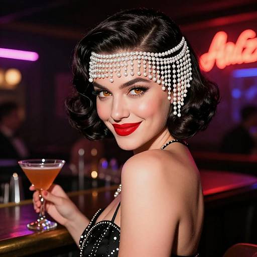 Vintage-style photograph of a smiling woman with black curled hair, red lipstick, pearl headpiece, and black sequined dress, holding a martini in